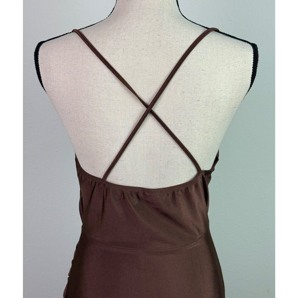Brown Satin Midi Slip Dress Medium Cowl Neck Ruching Y2K Revival 90's Bodycon - Picture 7 of 9